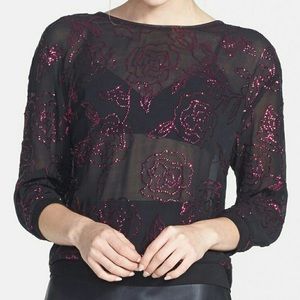 NEW Sheer Sparkly Floral Zip Up Top